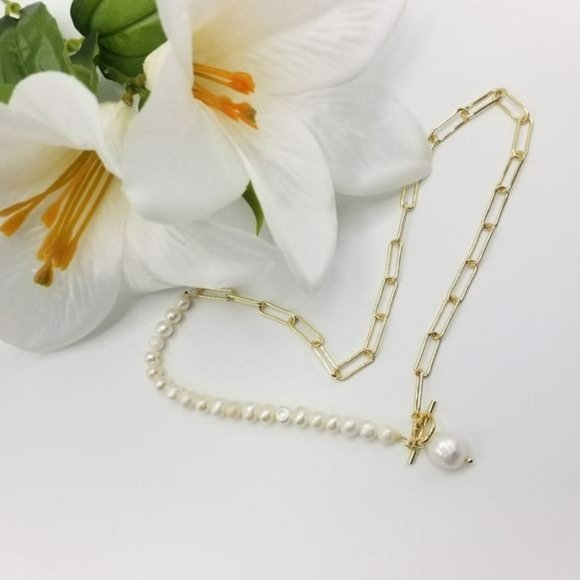 Gold Plated Cultured Baroque Freshwater Pearl‎ Pendant Necklace Toggle Clasp - Picture 2 of 9